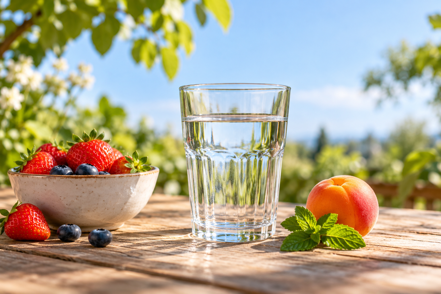 Dekorative KI-Illustration: ein Glas Wasser neben Beeren und einer Aprikose im Garten