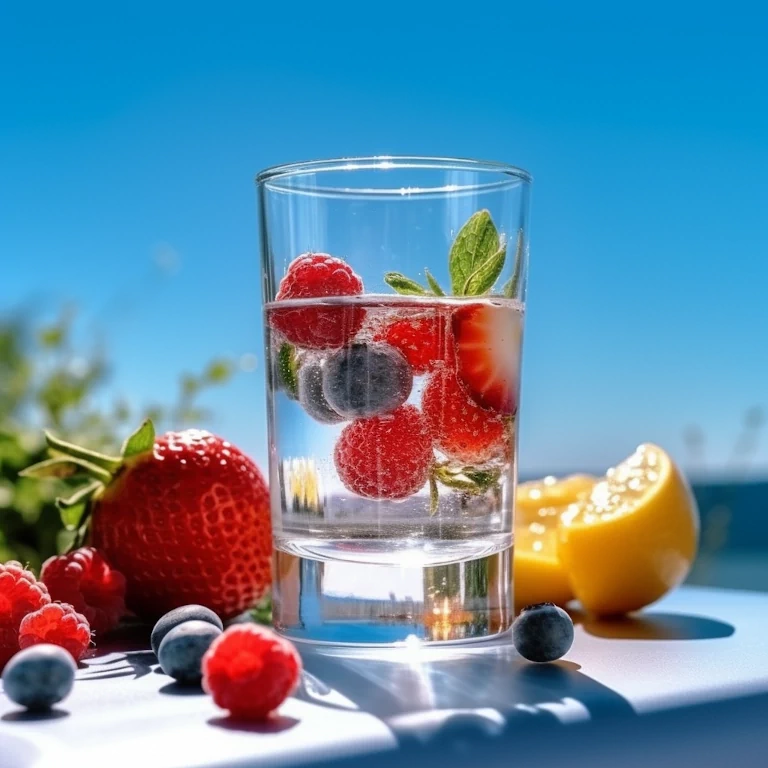 Holistische Gesundheit ist sehr einfach umzusetzen: Ein Wasserglas mit Beerenobst auf einer weißen Tischdecke, Sonnenschein, klarer, blauer Himmel und Frischluft